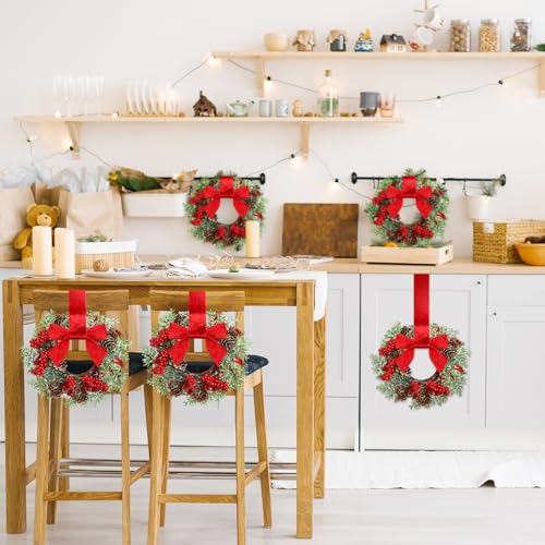 Image of Dingion 6 Pcs 6 inch Christmas Mini Cabinet Wreaths Norfolk for Kitchen with Ribbon Bows Red Berry Norfolk Pine Small Window Wreath Hunging Ornament for Window Door Farmhouse Christmas Party Decorations