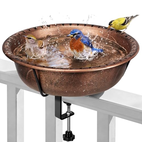 VIVOHOME Deck Mounted Bird Bath for Outside, Weather-Resistant ABS Bird Bath and Feeder with Adjustable Metal Clamp for Railing, Fence, Balcony, 1.45 Gallons, Bronze