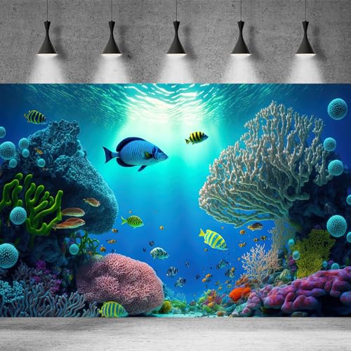 Image of Underwater Aquarium Background Tropical Coral Reef and Exotic Fishes Terrarium Background Deep Blue Ocean Sea with Sunbeams Natural Seascape Fish Tank Backdrop Poster Decorations Vinyl 48x20in