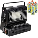 LIVHOME 2-in-1 Portable Gas Heater & Stove 1.3kW with Auto Ignition, Safety Grill & Temperature Control, Butane/Propane Compatible Camping Heater Cooker for Camping (Camping Heater + 4 Canisters)