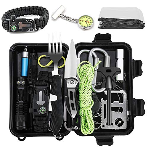 Jooheli Kit de supervivencia, equipo de supervivencia 20 en 1, equipo de exterior con pulsera de supervivencia, linterna de luz, cuchillo y otros para senderismo, camping, coches de escalada.