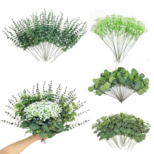 YLENFVS 120 Pcs 4 Kinds Mixed Artificial Silver Dollar Eucalyptus Leaves Picks, Faux Eucalyptus Stems Sprays for DIY Bouquets Floral Arrangement Wedding Home Farmhouse Decor