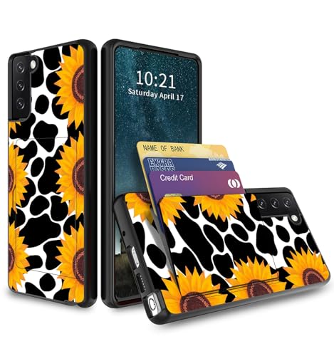 RAUEDWDJS for Samsung Galaxy S21 5G 2021 Wallet Case with Credit Card IDs Holder Slot Cover,Dual Layer Hybrid Soft TPU Hard PC Shockproof Case,Cow Print Sunflowers