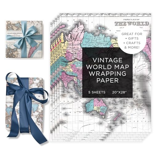 Journo Vintage Wrapping Paper Sheets – Travel Gift Wrap with Old World Map Design, 5 Large Gift Wrap Sheets, Premium Map Wrapping Paper for Birthdays & Holidays, 27 x 39 Inches