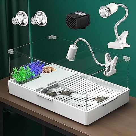 Geegoods Turtle Tank Aquarium with Light,Reptile Tank with Light and Water Pump,Turtle Aquarium Terrapin Lake with Platform Plants Tank for Pet Turtle Reptile Habitat（15.7''x11.8''x10''） Cover