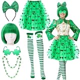Mumufy 7 Pcs St. Patrick's Day Outfits Leprechaun Costume Accessories for Women Tutu Skirt Green Wig Headband Glasses Socks(Green)
