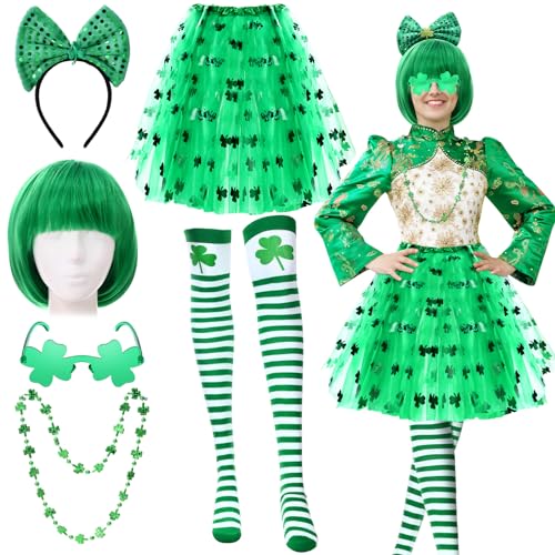 Mumufy 7 Pcs St. Patrick's Day Outfits Leprechaun Costume Accessories for Women Tutu Skirt Green Wig Headband Glasses Socks(Green) by Mumufy - Used condition - US$13.36