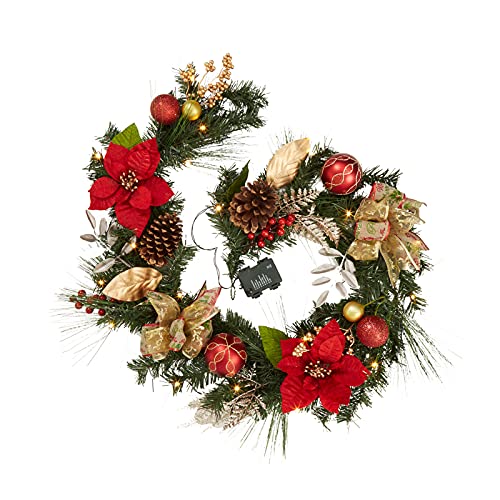 Battery Operated Christmas Garland, 6FT Battery Powered Xmas Garland Prelit Lights with Timer, Red Gold Baubles Pinecones Berries Poinsettia Fireplace Staircase Front Door Indoor Outdoor Decor by IDEALHOUSE - Used condition - US$12.74