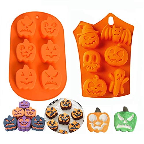 Fantasyon 2 Pcs 3D Halloween Silicone Ghost Pumpkin Baking Mold Set Candy Silicone Molds with Chocolate Cupcakes Bat Skull Shape for Halloween for Halloween Kitchen DIY Baking Tools