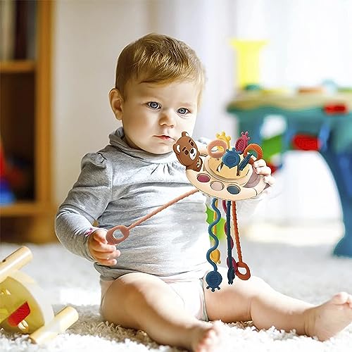 Image of Kidology Pull String Toy for Babies 6+ Months Teething Strings Sensory Montessori Toys Baby Girl,Travel Toy for 6+Months Boy Food Grade Silicone Fine Motor Skills Toy for Toddlers (Bear), Multicolor