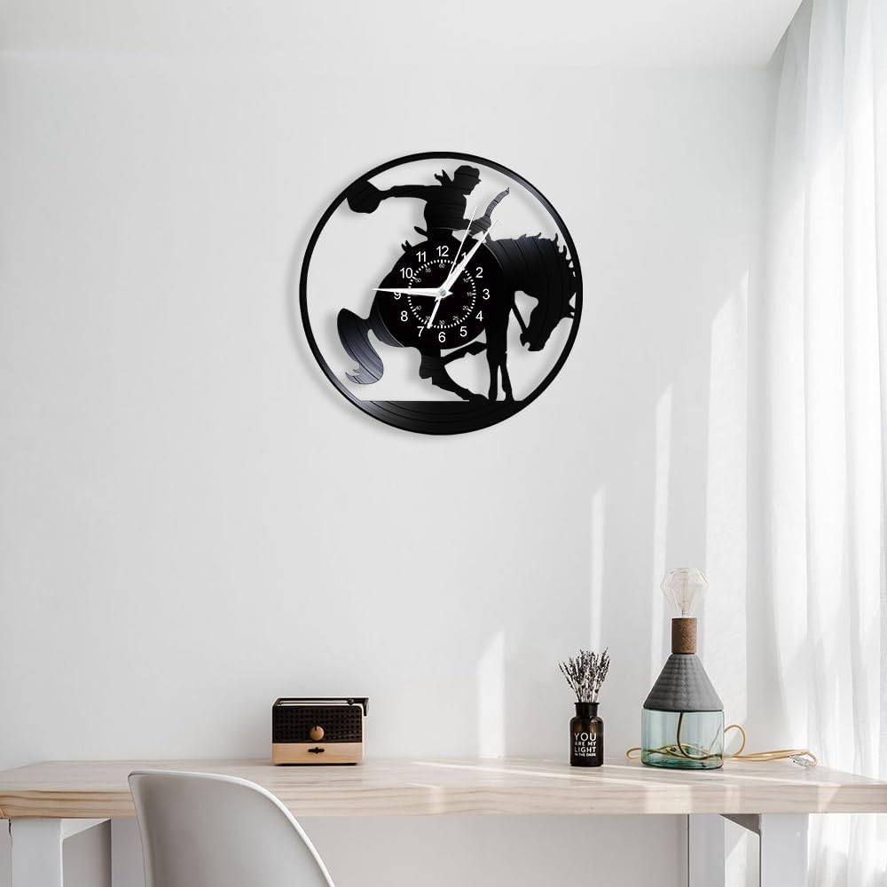 Western Cowboy Wall Clock, 12 Inch Horse Riding Clock Battery Operated, Silent Quartz Non Ticking Vintage Decorative Analog Vinyl Record Wall Clock for Man Cave Living Room Bedroom