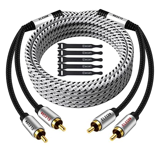Elecan Premium RCA Cable 50 Ft (Hi-Fi Sound-16 AWG-Shielded) 2 RCA Male to 2 RCA Male Stereo Audio Cable, Gold Plated-Aluminum Alloy Shell-Pure Copper-Braided RCA Cord for Home Theater Speakers + Ties
