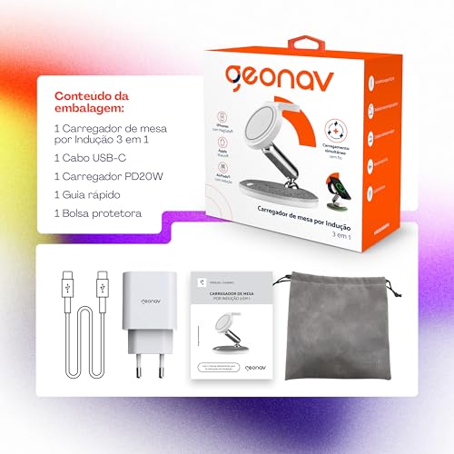 Geonav Carregador de Mesa por Indução 3 em 1, Compatível com carregamento por Indução padrão QI, Dob
