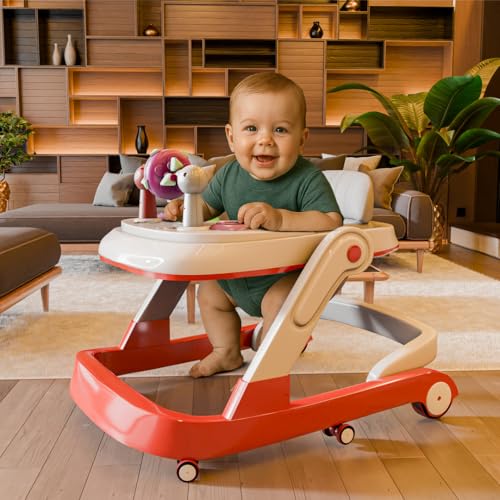 Image of Cockatoo First Move 3-in-1 Baby Walker - Adjustable Height (3 Levels), Rocker, Push & Activity Walker with Musical Toy Tray & Light, 6 Lockable Wheels, Foldable, Safe for 6-18 Months, up to 15kg Red