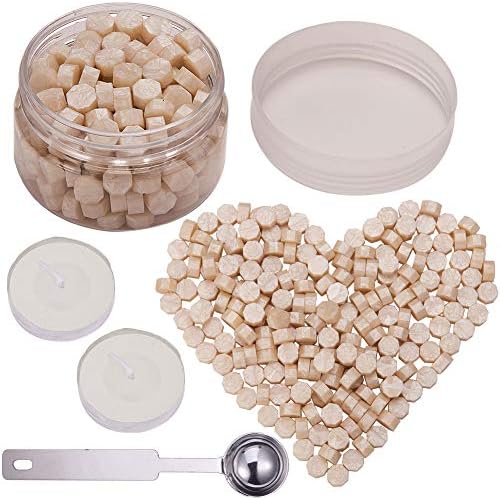 CRASPIRE Wax Seal Beads Pearl White Octagon Sealing Wax Beads Kit Packed in Can 9mm Wax Seal with 2Pcs White Tea Candles & Wax Melting Spoon for Invitation Greeting Card Wax Seal Stamp