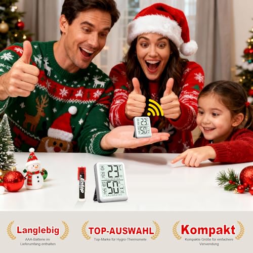 Antonki Raumthermometer, Digitales kleines Hygrometer Innenraumthermometer Luftfeuchtigkeitsmessgerät, Temperatur-Feuchtigkeitsmessgerät mit Max/Min Aufzeichnungssensor für Haus, Pflanzen - inkl. Batt