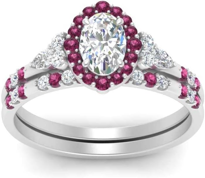 Choose Your Gemstone Halo Edwardian Wedding Ring and Band Sterling Silver Oval Shape Wedding Ring Sets Ornaments Surprise for Wife Symbol of Love Clarity Comfortable US Size 4 to 12