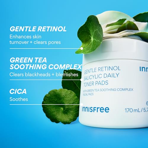 innisfree Daily Gentle Retinol Salicylic Toner Pads, Korean Sheet Mask Pads for Acne-Prone Skin Care