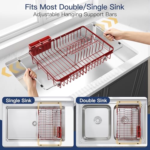 Image of JASIWAY Red Dish Drying Rack Over the Sink with Utensil Holder
