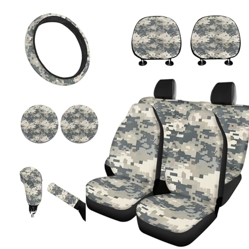 Horeset Camouflage Print Car Seat Cover Full Set of 11pcs with Headrest Cover,Steering Wheel Cover, Cup Pad, Gear Shift Knob & Handbrake Cover Universal Fit SUV Sedan Truck