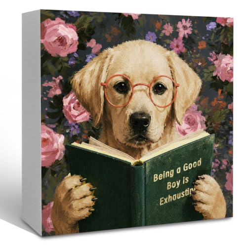 KFXHANGD Funny Reading Labrador Wooden Box Desk Decor, Cute Dog Room Decor