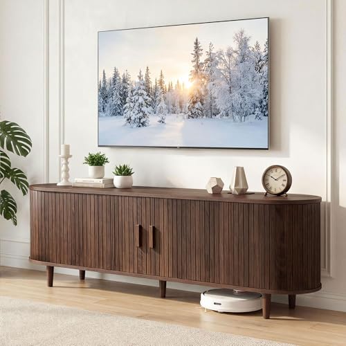 OneBlis 65" Mid Century Modern TV Stand, Wood TV Consoles with Sliding Doors and Power Outlet, Fluted Entertainment Center with Adjustable Shelves, Media Console for Living Room, Walnut