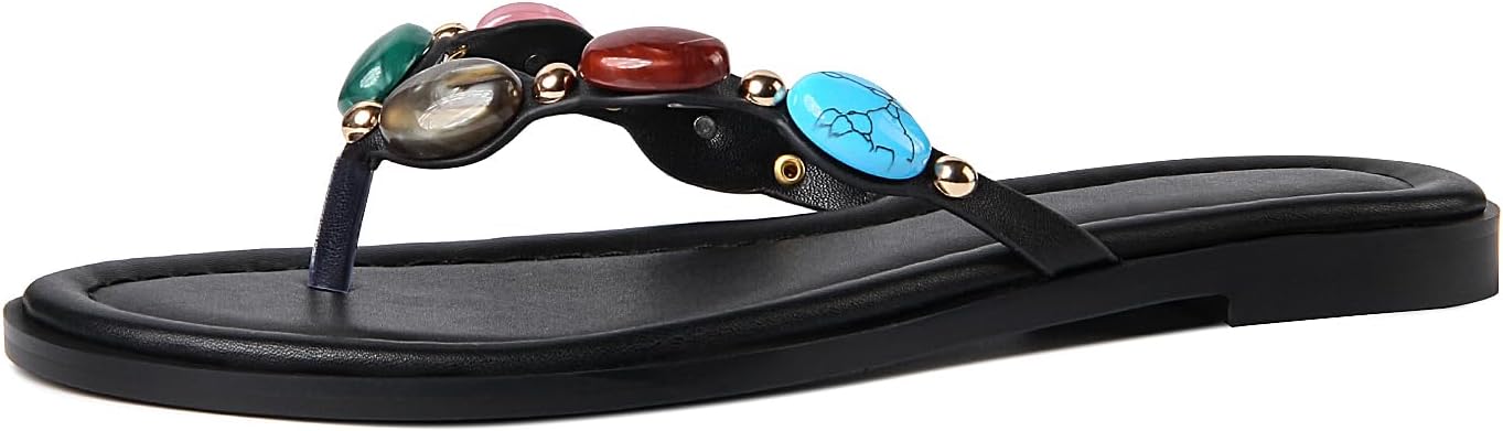 Jewelled Thong Sandal for Women Open Round Toe Flip Flops Comfy Slip on Flats Sandals Casual Summer Beach Slippers