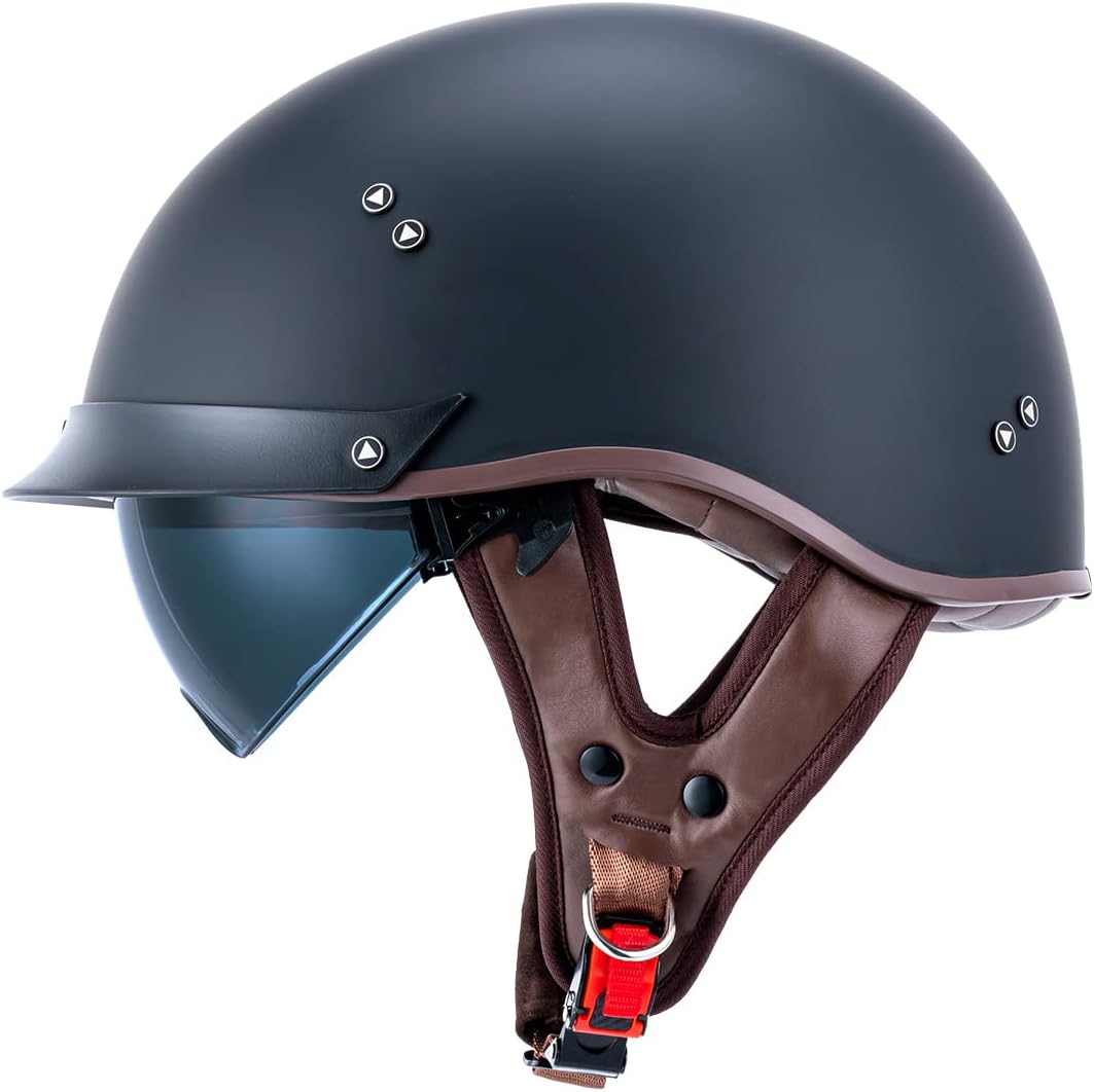 VCOROS Half Helmet Motorcycle DOT Approved Open Face Helmet with Sun Visor and Quick Release Buckle for Adults Men and Women (F02 Matte Black,S)