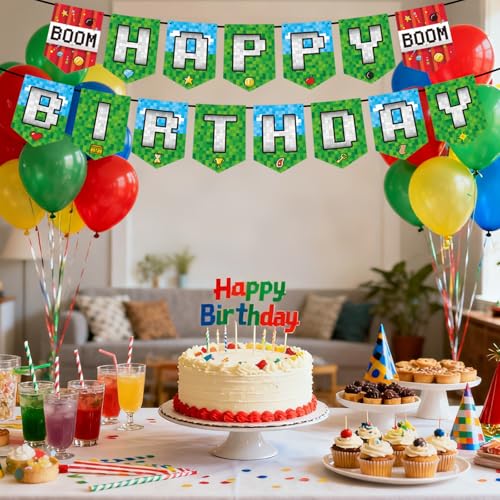 Pixel Happy Birthday Banner, Pre-Strung Video Game Themed Birthday Hanging Banner Garland Pixel Party Decoration for Boys Girls - Thumbnail 7