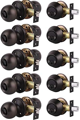 home improvement direct 5 Pack Keyed Alike Entry Door Knobs/Keyed Door Lock, Double Cylinder Keyed Deadbolt with Matching Round Style Knob, Classic Oil Rubbed Bronze Finish, Door Hardware & Lock