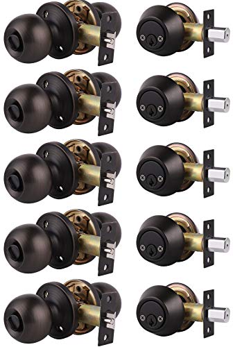 Home Improvement Direct 5 Pack Keyed Alike Entry Door Knobs/Keyed Door Lock, Double Cylinder Keyed Deadbolt With Matching Round Style Knob, Classic Oil Rubbed Bronze Finish, Door Hardware & Lock #TOP26