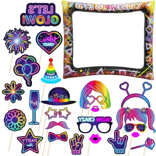 Neon Glow Party Inflatable Selfie Frame With 25Pcs Photo Booth Props - Blow Up Kit for Birthday, Disco, and Glow in The Dark Party Decoration