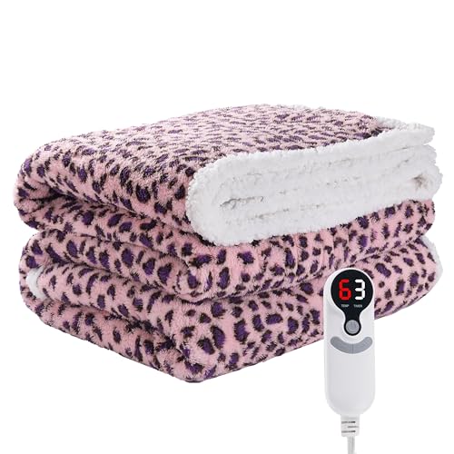 Electric Heated Blanket Full Size 7284 with 9 Heating Levels & 1-10Hs Auto Off Plush Sherpa Energy Efficient Machine Washable for Couch & Bed Gifts for Grandma Leopard Print Pink & Purple