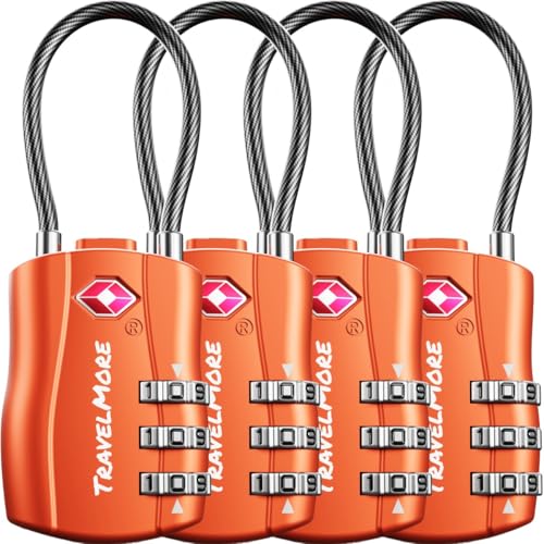 TSA-Kofferschlösser | Gepäckschlöss mit flexiblem Kabel | TSA-Schlöss für Flugreisen | Schlösser für Koffer, Rucksäcke, Gepäck | 4er-Pack, Orange