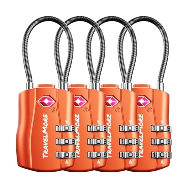 4 Pack TSA Approved Travel Combination Cable Luggage Locks for Suitcases & Backpacks - Orange