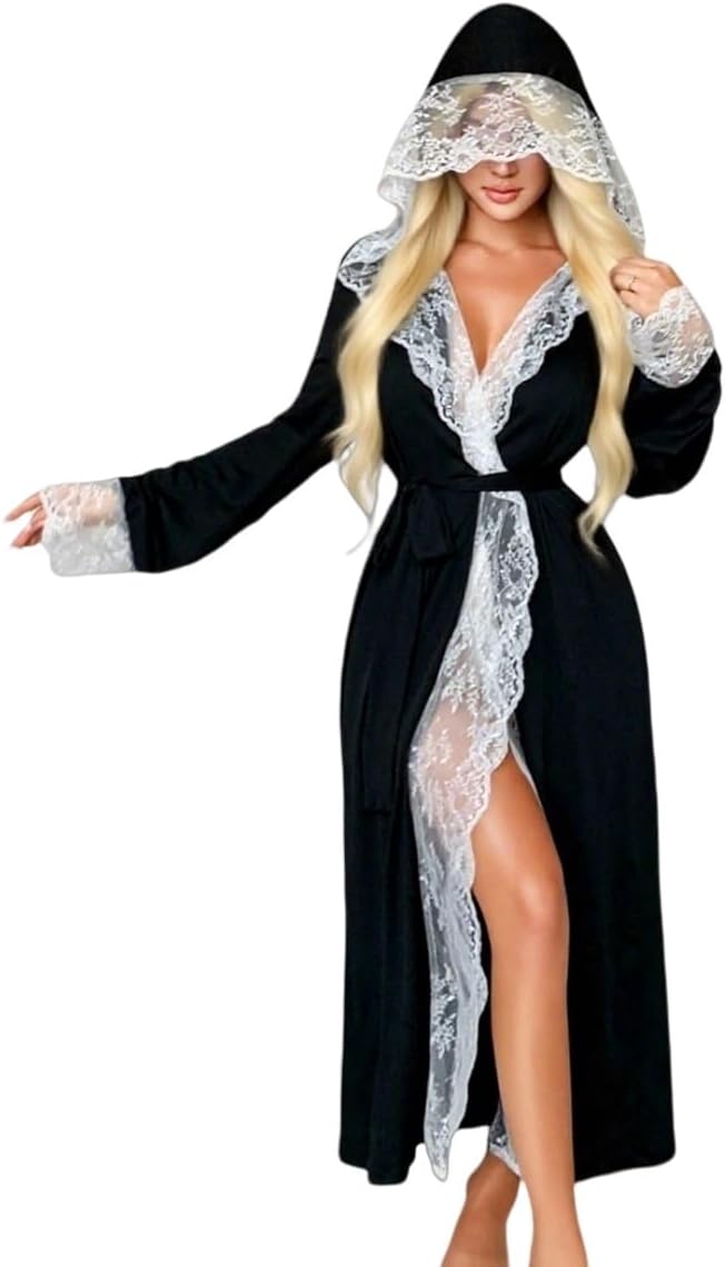 OYOANGLE Women's Hooded Long Robe Elegant Sexy Lace Patchwork Sleepwear Vacation Bride Wedding Robes