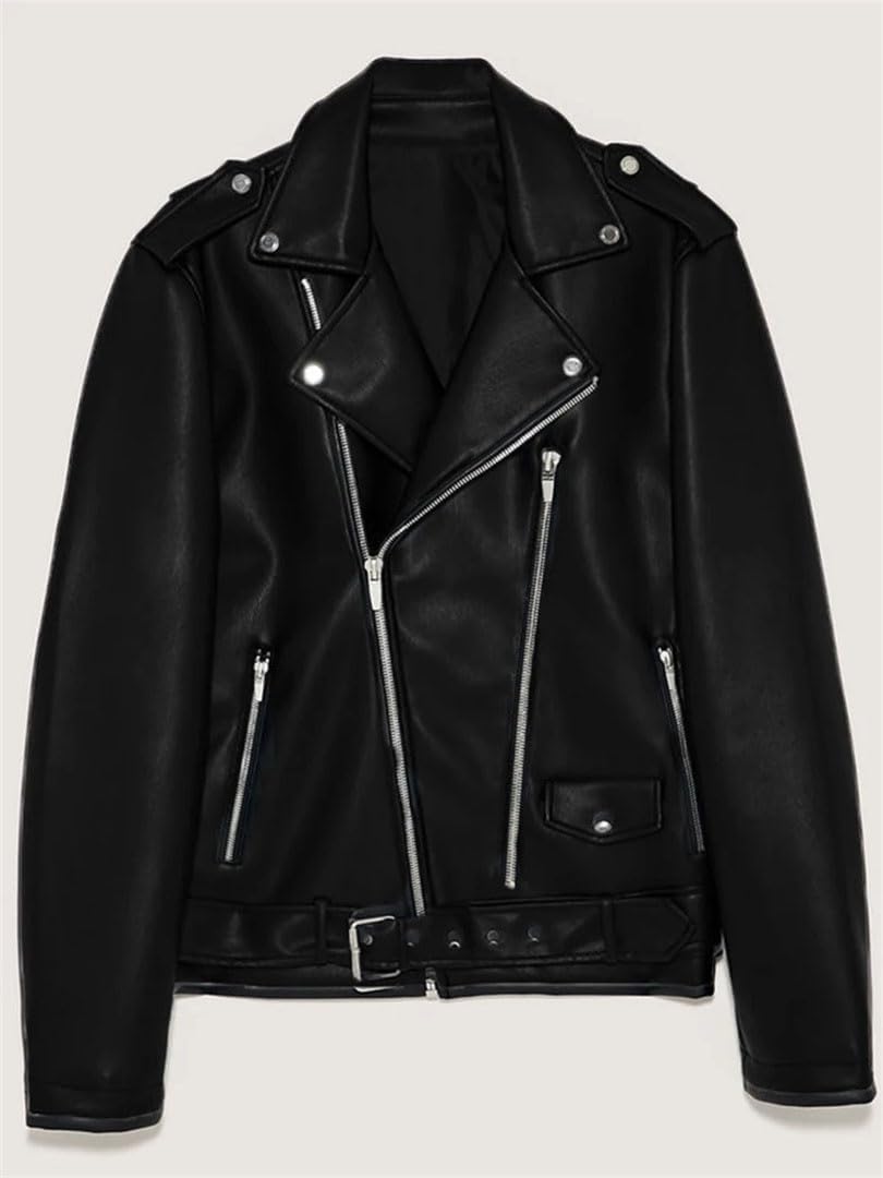 Mens Short Faux Leather Biker Motorcycle Jacket Belted Style Long Sleeve Light Soft Coat