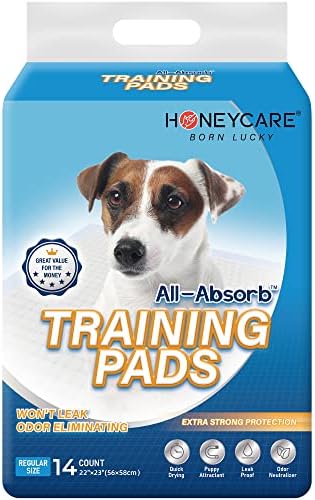 HONEY CARE All-Absorb Dog Pee Pads 22" x 23" (Pack of 14), Ultra Absorbent and Odor Eliminating Puppy Pads for Training, 5-Layer Leak-Proof Pee Pads with Quick-Dry Surface for Potty Training