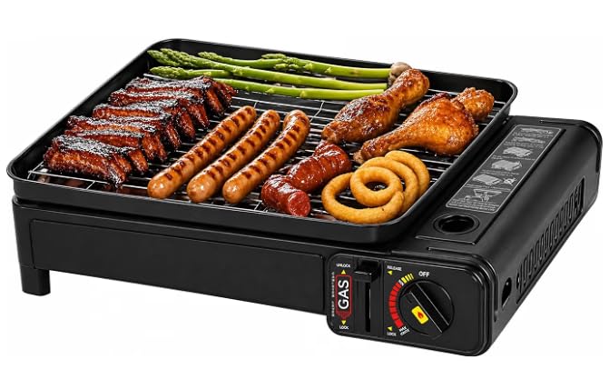 2 in1 Portable Gas Grill Butane LPG Dual Stove, Tabletop Camping Grill