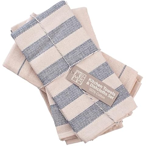 MEEMA Kitchen Towels and Dishcloths Set of 4, Large 20 x 28 Inch, Upcycled Cotton Tea Towels for Kitchen, Super Absorbent Cotton Dish Towels for Kitchen - Decorative, Blue Striped Cover