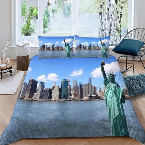 Housse de Couette 140x200 New York Enfant Ado Parure de lit 140 x 200 cm Bâtiments Célèbres Imprimé 3D Housse Couette 1 Personne Ville Douce Ensemble de...