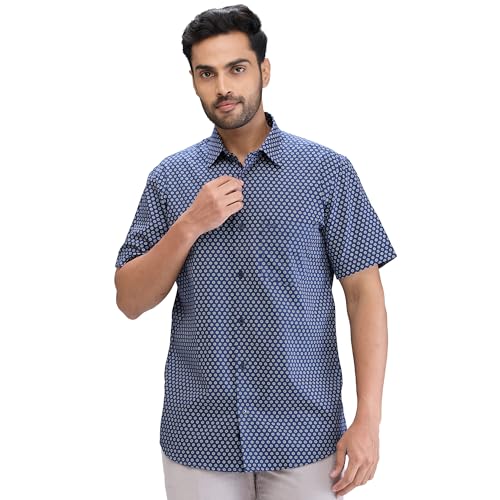Image of Colorplus Men's Regular Fit Print Pattern Pure Cotton Plain Collar Half Sleeve Casual Shirt