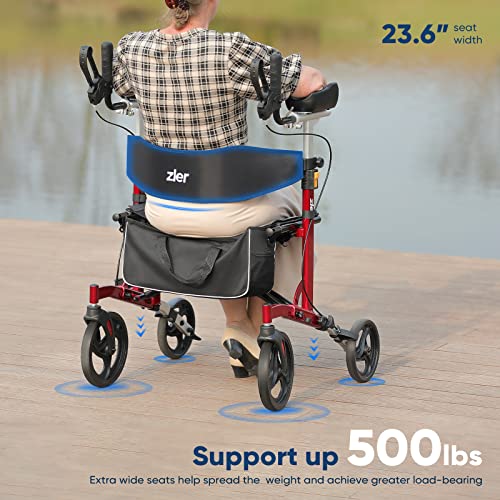 Zler Extra Wide Upright Walker - Heavy Duty Up Rollator Walker Supports Up To 500 Lbs, Armrest Rollator Walker With Oversize Seat & Padded Backrest(Red) #TOP2