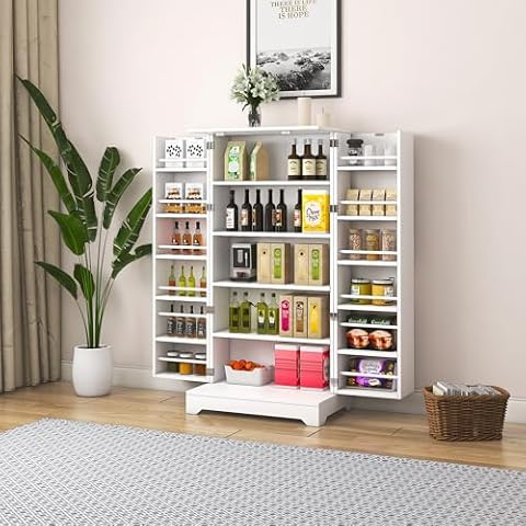 Acelone Kitchen Storage Cabinet with Adjustable Shelves, Racks and Doors, Freestanding Kitchen Hutch Cupboard, Buffet Sideboard for Living Room or Dining Room, White Cover