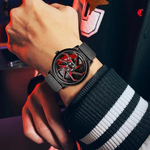 Image of FANMIS Men's Racing Car Wheel Watch 3D Spinning Dial Stainless Steel Watch | Creative 3D Spinning Car Quartz Large Skeleton Face and 30M Water Resistance Designed for Car Fans and Daily Wear.