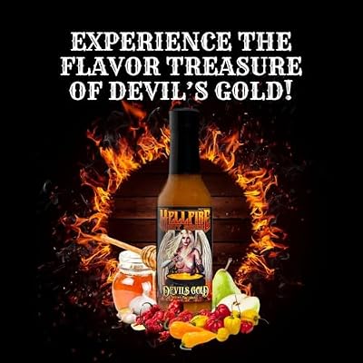 Hellfire Devil's Gold Hot Sauce, Multi Award-Winning, Gourmet Fruit-Based Hot Sauce, Features Yellow Super Hot Peppers and Exotic Fruits, Amazing Sweet Heat, 5 oz.