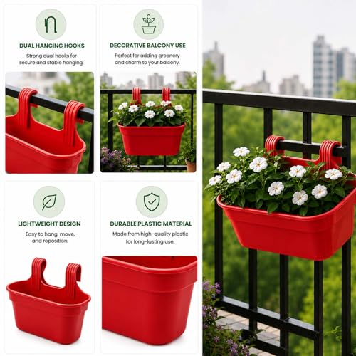 Image of Go Hooked 12 Inch Plastic Railing Hanging Planter Pot Set of 7 | Rectangular Flower Pots with Double Hook for Garden Fence Balcony Indoor Outdoor Home Decor | Durable Plant Container (Red)