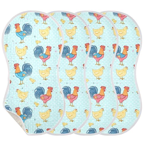 xigua Colorful Roosters Muslin Baby Burp Cloths Set of 4, Super Soft & Absorbent Burping Rags, Cotton Burp Clothes Shower Gift for Newborn, Baby Girls and Boys3