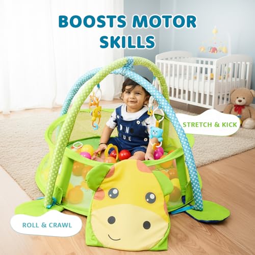 Image of Amazon Brand - Supples Baby Play Gym Pool | Activity Play Gym for Baby with Hanging Toys and 30 Colorful Balls | 3-in-1 Ball Pit, Mat & Gym | Giraffe Print | Multicolor | Baby Bedding for 2+ Months