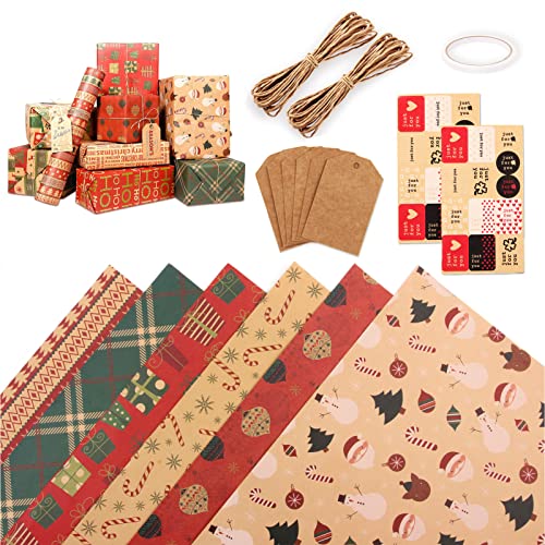 Lot de 6 rouleaux de papier cadeau de Noël recyclé Kraft Emballage cadeau - 1 ruban double face - 10 m de corde en papier kraft - 2 pour autocollants de Noël + 6 cartes de bénédiction de Noël Cover